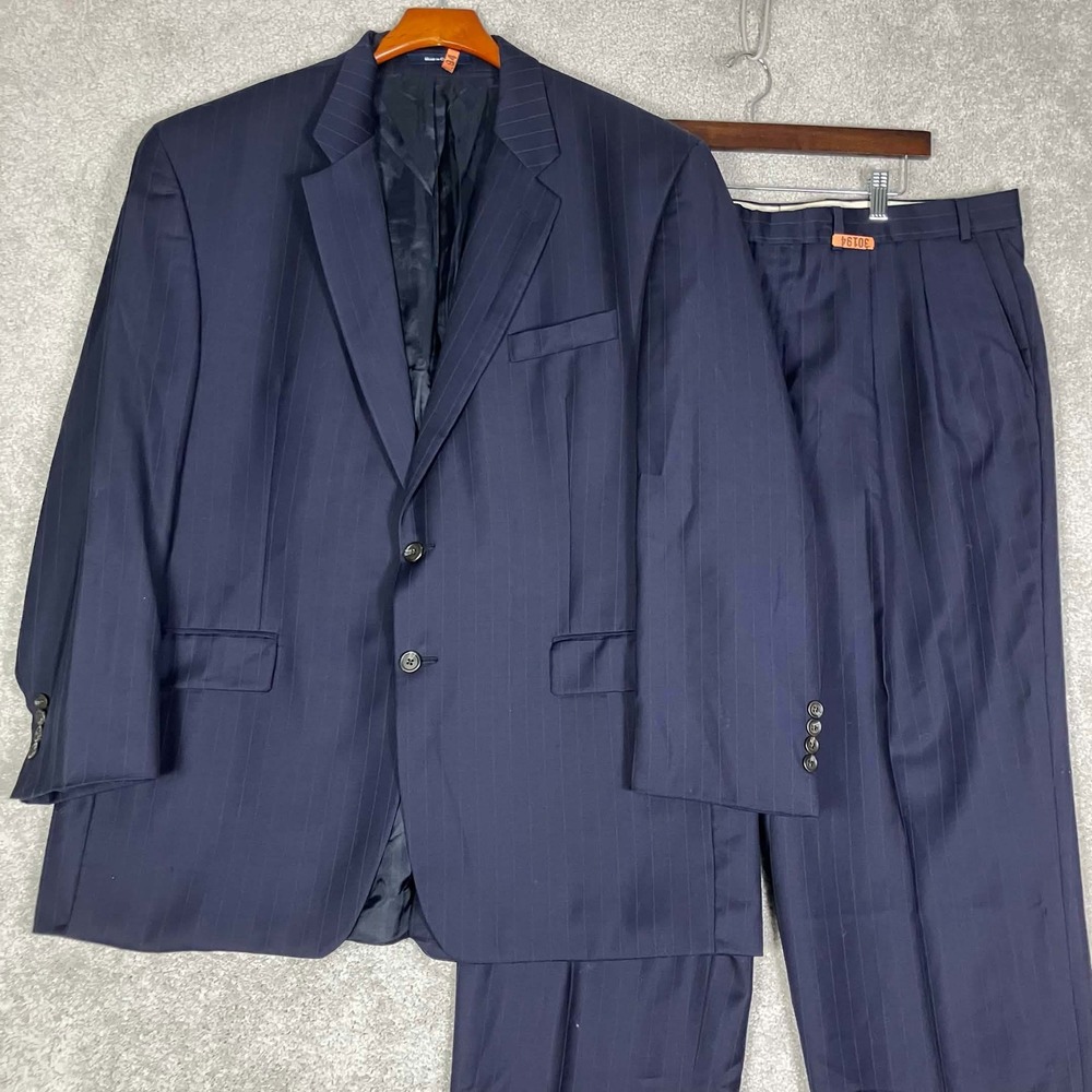 Ralph Lauren Suit Mens 46R Navy Blue Pinstripe Wool Cashmere Blend 2 Piece Set